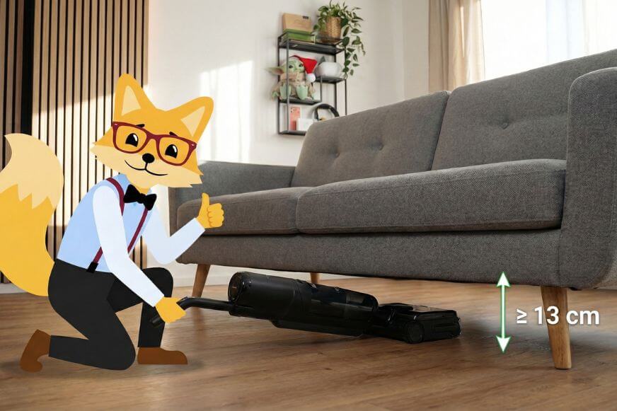 Tineco S7 Max Pro im 180° Lay-Flat unter einem Sofa - zeigt Reinigung unter Möbeln ab ca. 13 cm Bodenfreiheit